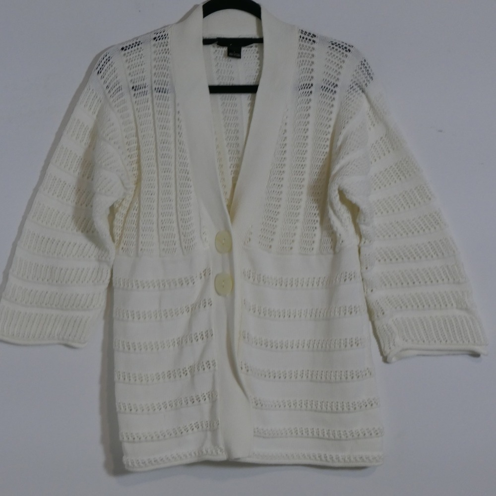Style & Co Womens Cardigan L White Pointelle Knit Coastal Grandmother Layering